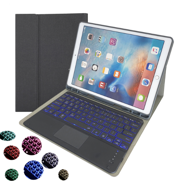 iPad Pro 12.9'' (2015/2017) Case | HK129T | TPU Tablet Cover with Pen Holder & Detachable Bluetooth Keyboard with Touchpad Backlight – Black